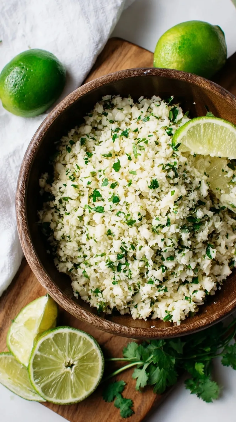 A bowl of fresh cilantro lime cauliflower rice topped with a lime wedge