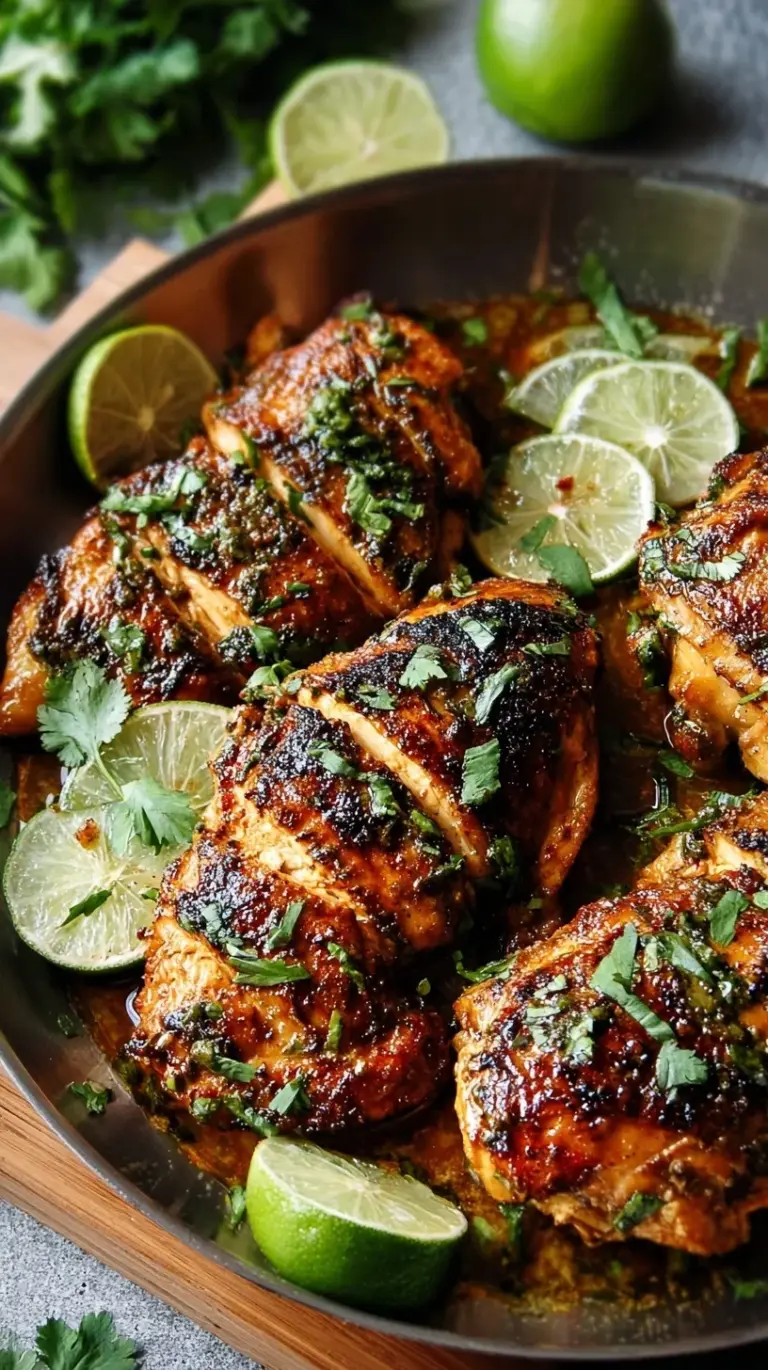 Golden brown Cilantro Lime Chicken breasts garnished with fresh cilantro and lime wedges on a white plate.