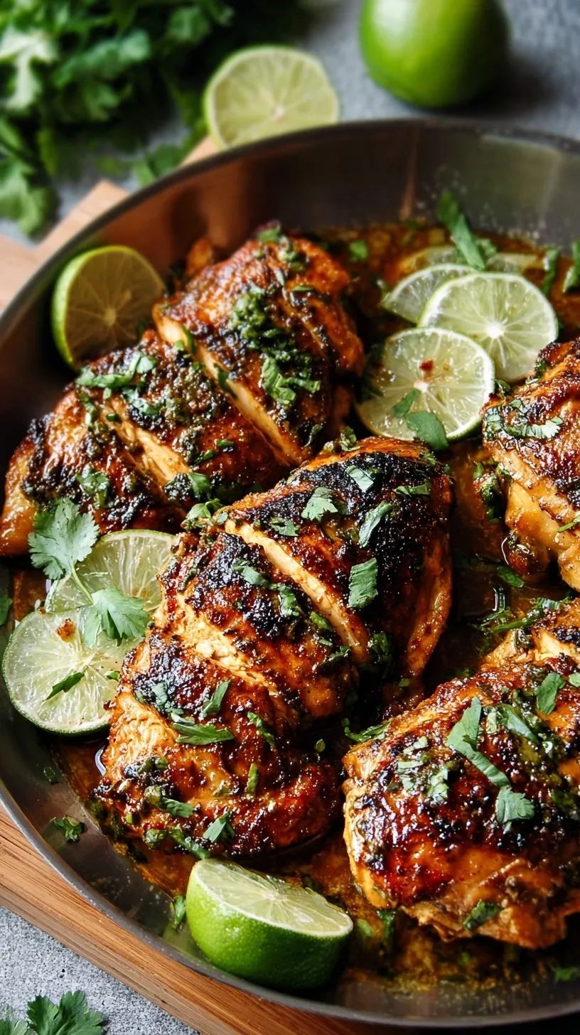Golden brown Cilantro Lime Chicken breasts garnished with fresh cilantro and lime wedges on a white plate.