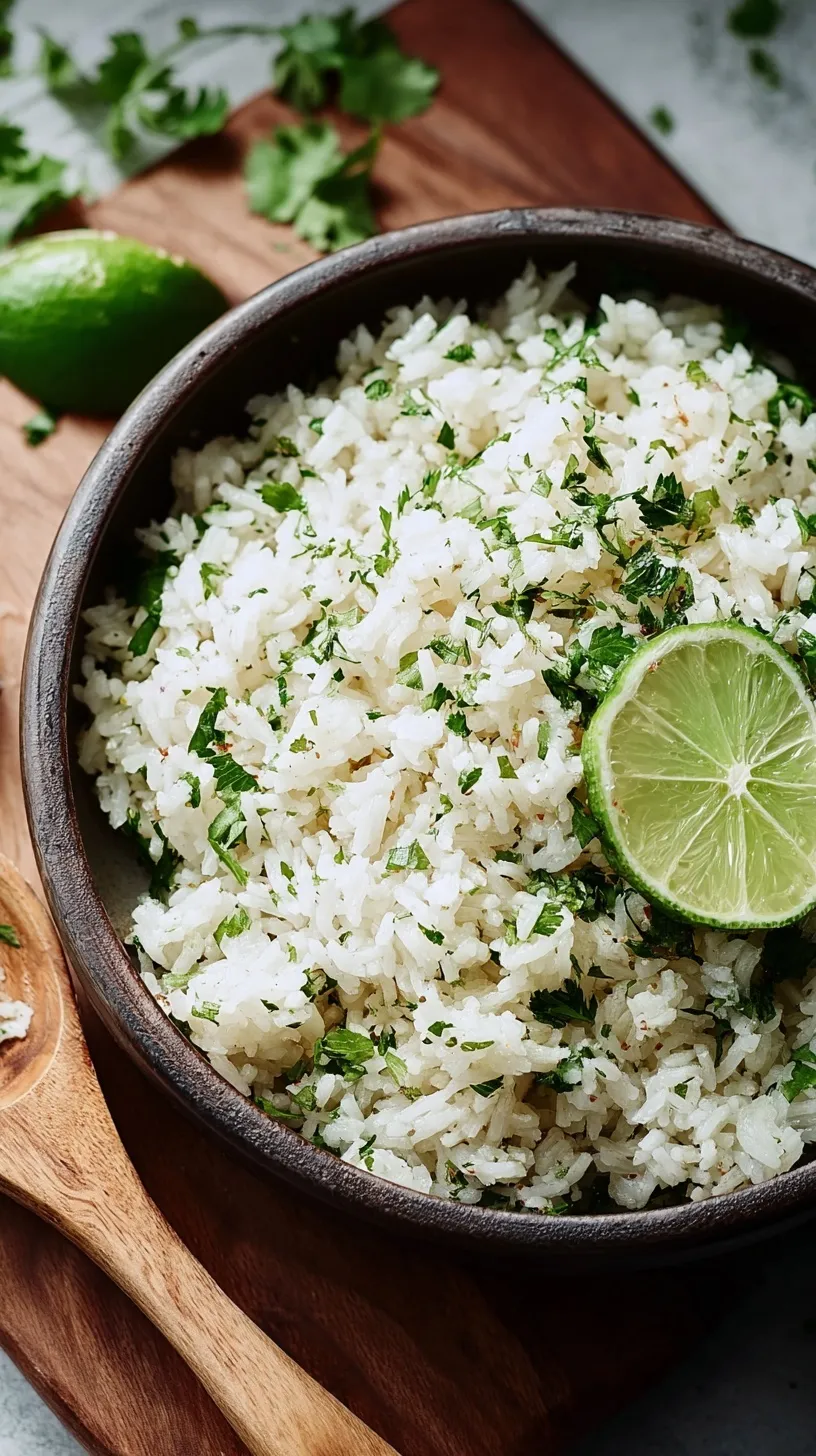 Fluffy cilantro lime rice in a white bowl, garnished with fresh cilantro and lime wedges on a rustic wooden table