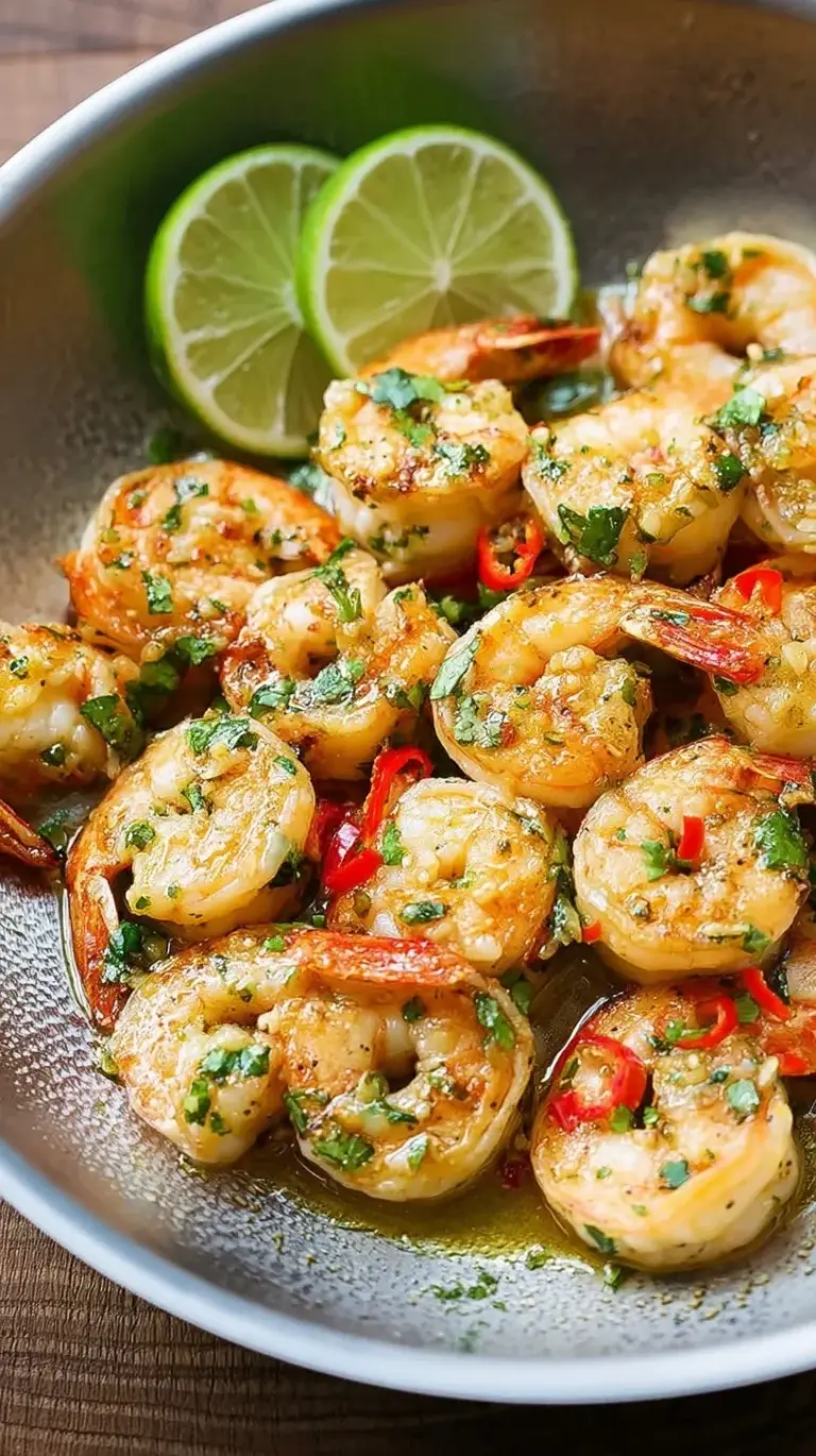 Sautéed cilantro lime shrimp in a skillet with fresh herbs