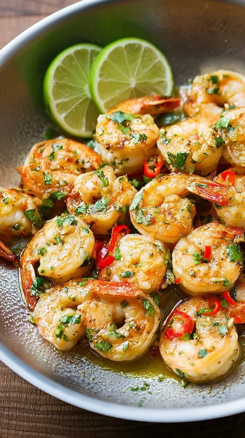 Sautéed cilantro lime shrimp in a skillet with fresh herbs