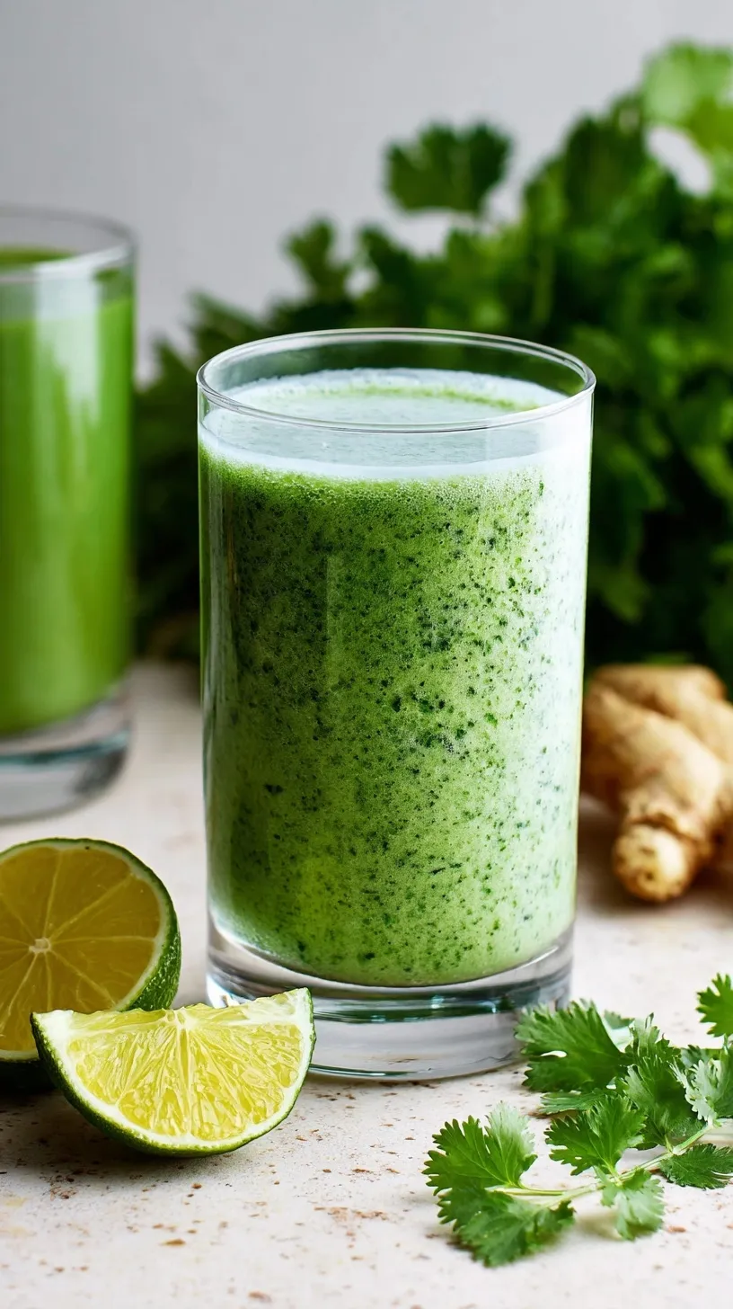 A vibrant green cilantro smoothie in a glass with a lime wedge and fresh cilantro garnish.