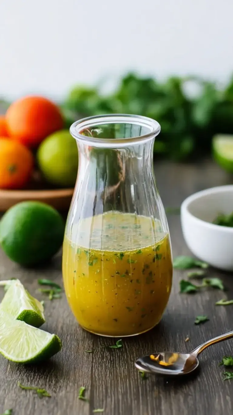 A jar of fresh citrus lime vinaigrette next to sliced limes and cilantro