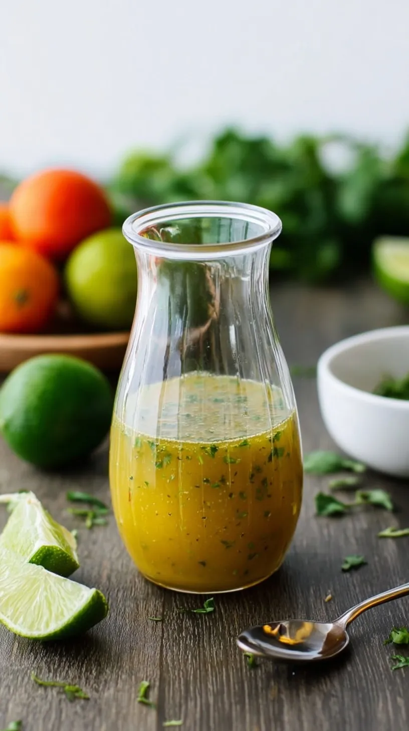 A jar of fresh citrus lime vinaigrette next to sliced limes and cilantro