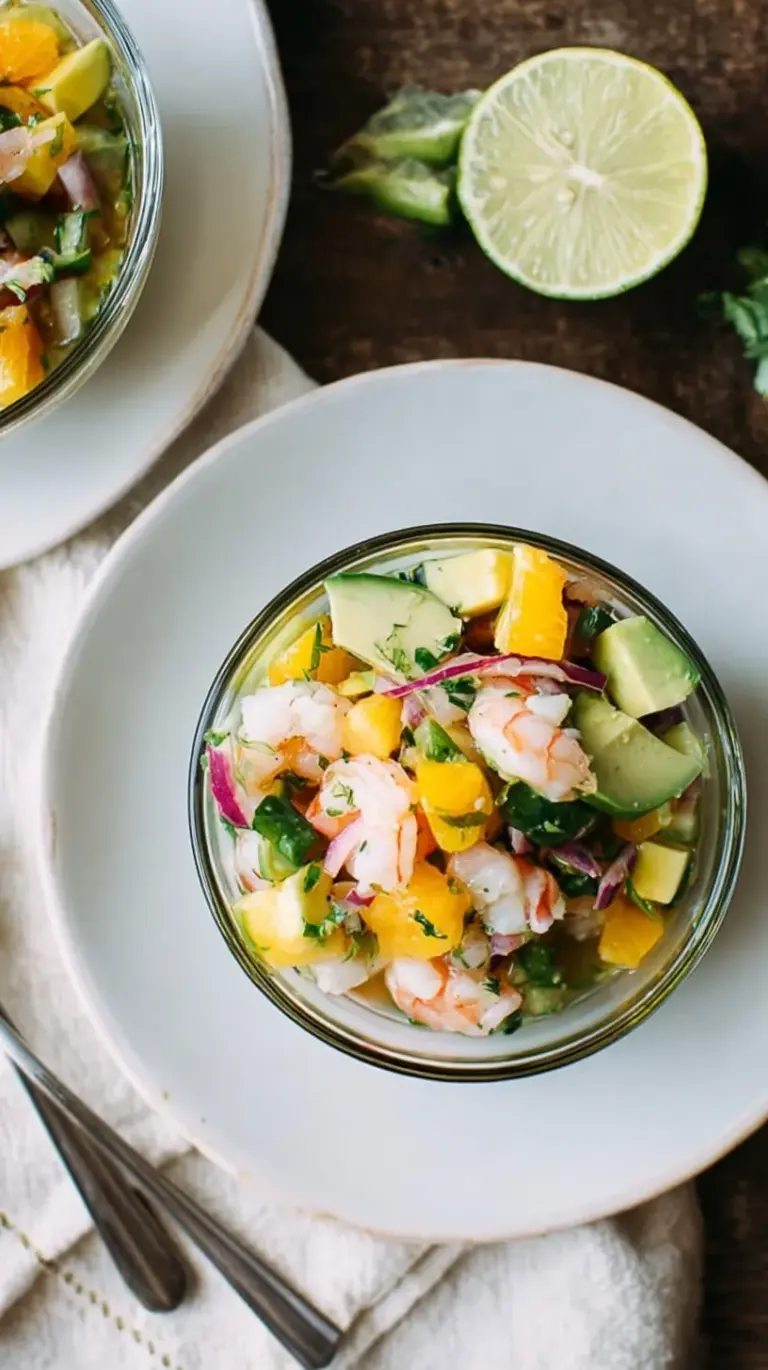A bowl of fresh citrus shrimp ceviche with avocado, tomatoes, and cilantro served with tortilla chips.