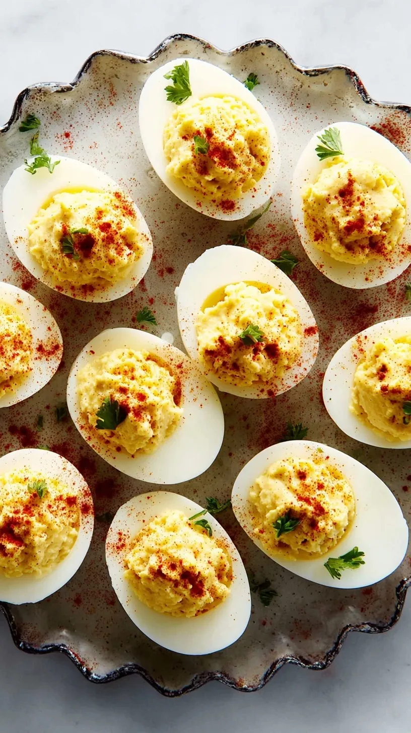 Classic Deviled Eggs arranged on a white platter garnished with paprika and fresh herbs