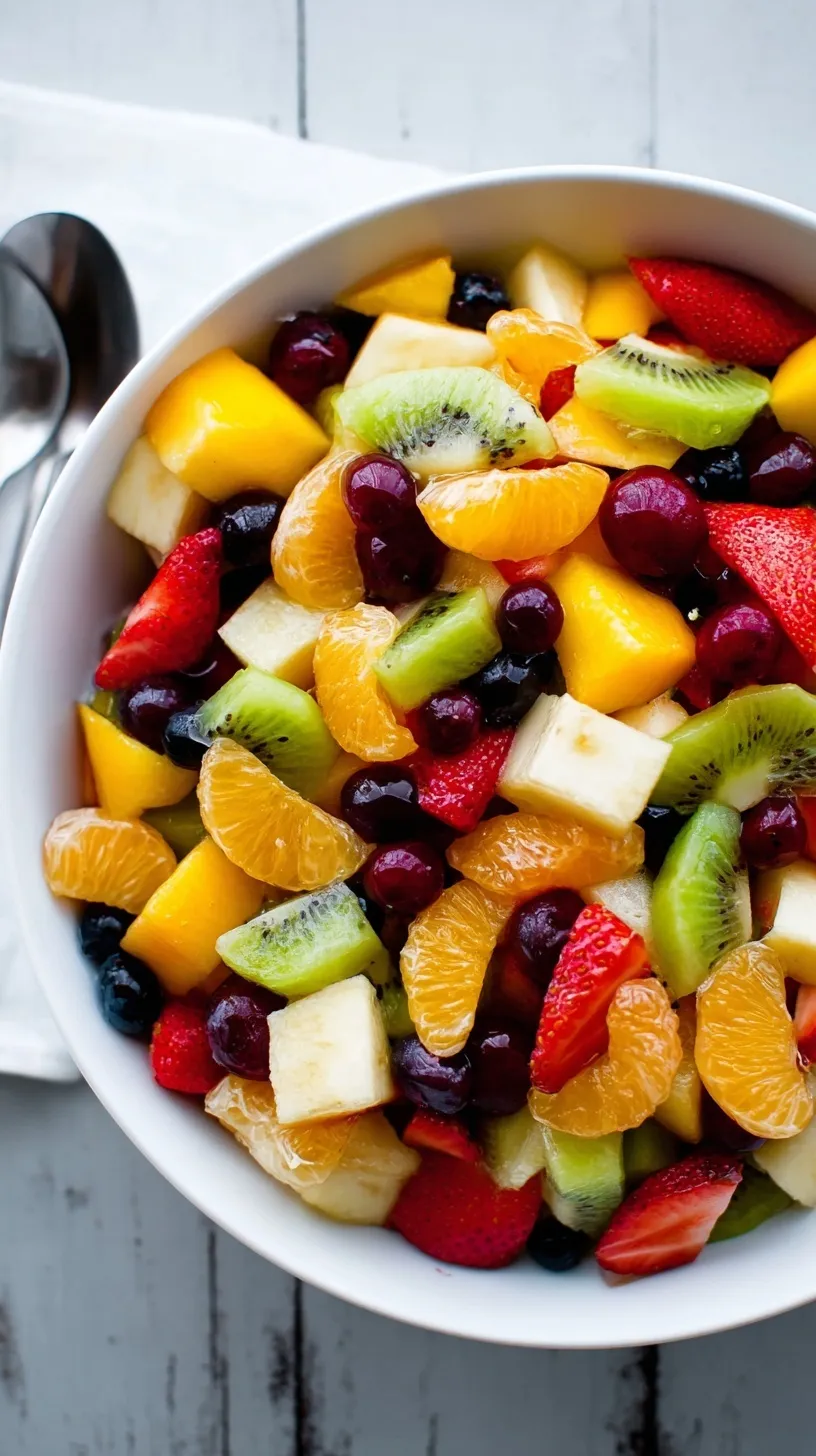 A large, colorful bowl of Classic Fruit Salad with a variety of fresh berries, melon, grapes, and citrus slices.