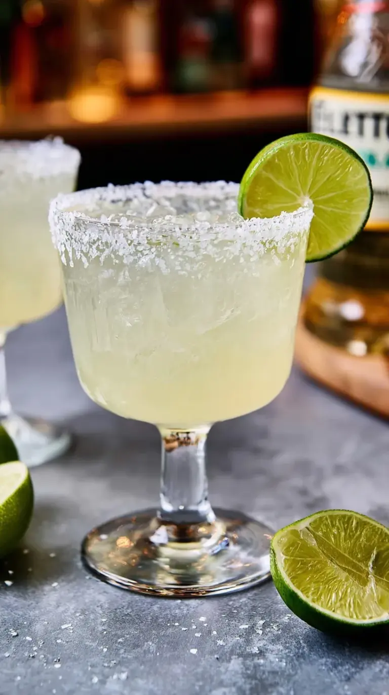 A perfectly crafted Classic Margarita in a salt-rimmed glass, garnished with a fresh lime wedge, on a warm summer evening.