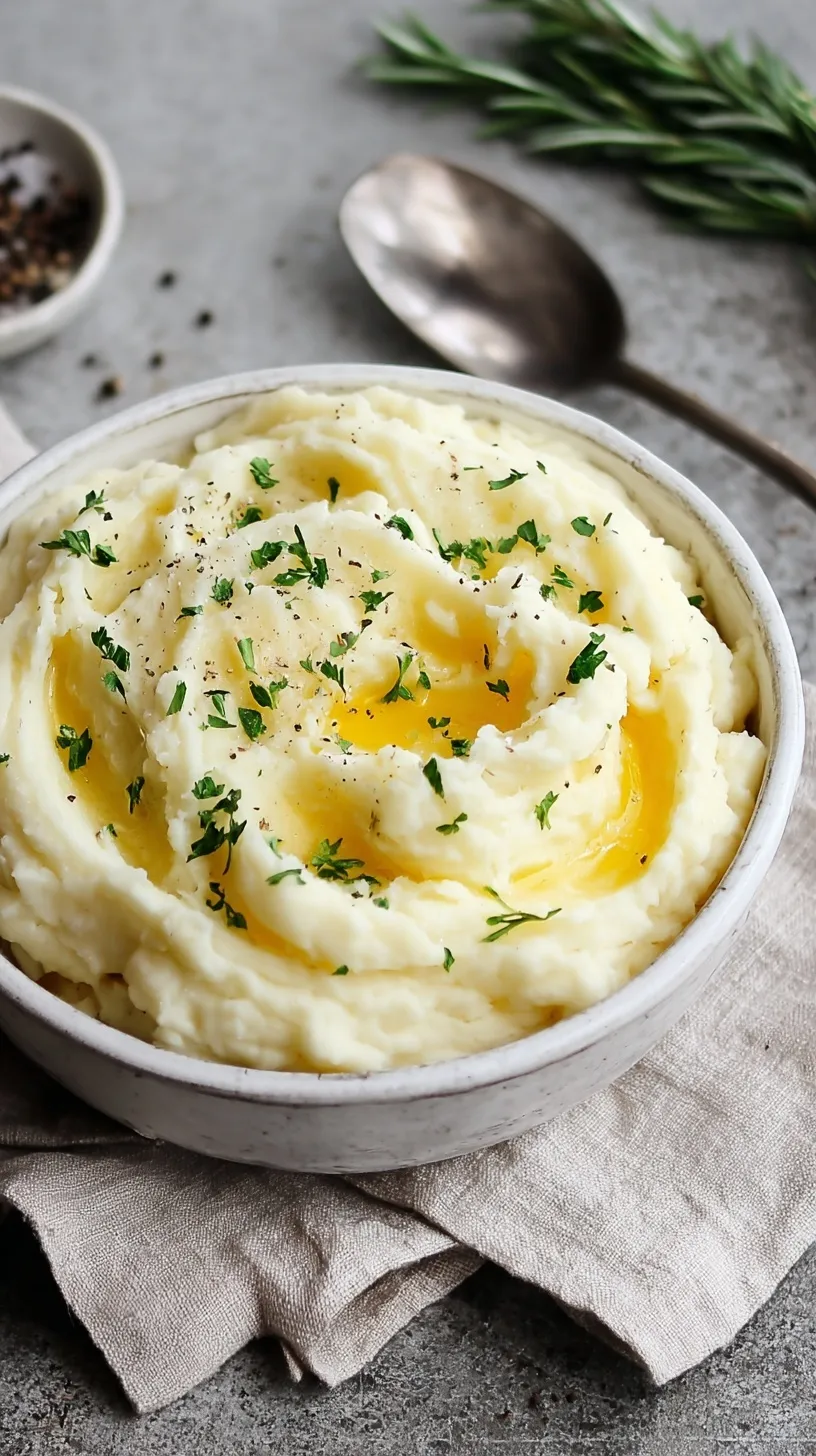 A bowl of creamy classic mashed potatoes topped with melting butter and fresh black pepper.