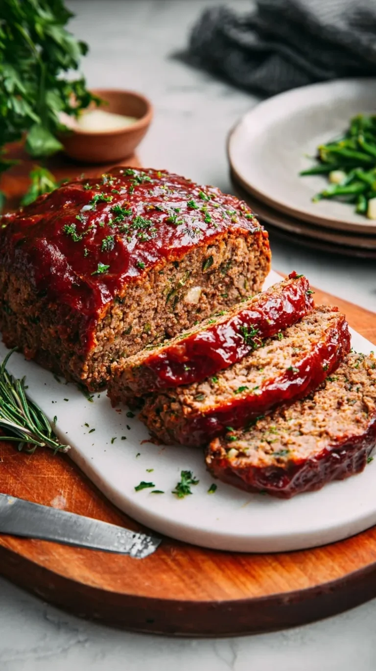 Sliced Classic Meatloaf with ketchup glaze on a white platter with mashed potatoes