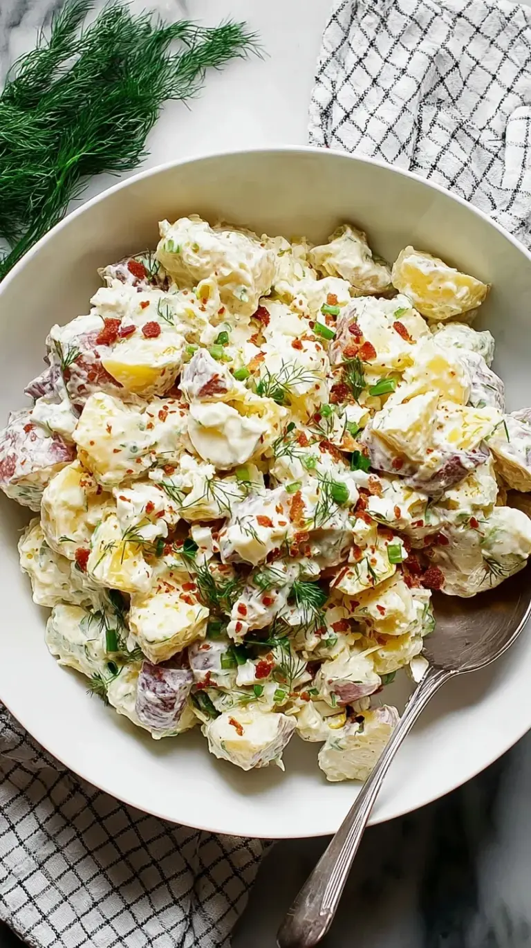 A large bowl of creamy classic potato salad garnished with fresh dill and paprika, ready to be served at a summer picnic.