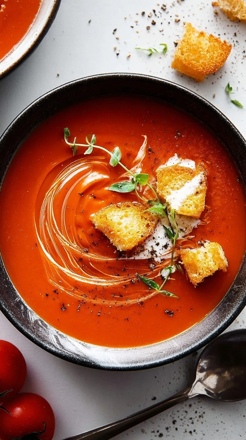 A steaming bowl of classic tomato soup garnished with fresh basil and a swirl of cream.