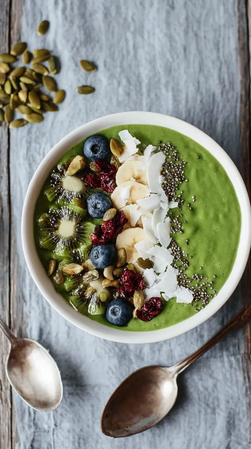 A vibrant green smoothie bowl topped with fresh blueberries and hemp hearts in a ceramic bowl.