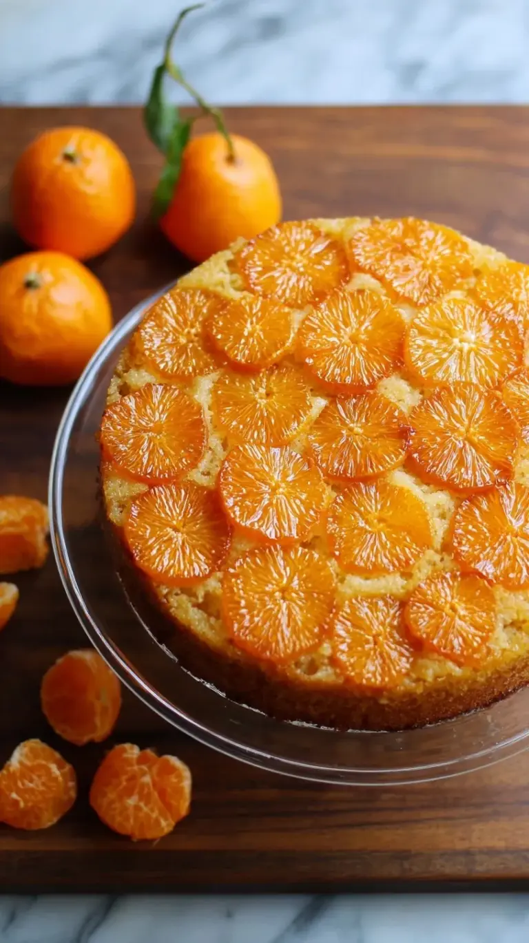 A golden gluten-free clementine upside down cake with caramelized citrus slices on top