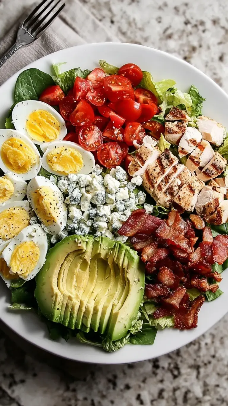 A beautifully arranged classic Cobb Salad with chicken, bacon, avocado, tomatoes, eggs, and blue cheese, drizzled with vinaigrette.