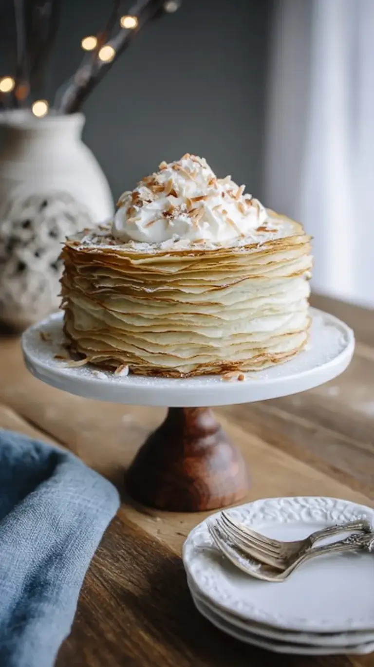 A tall multi-layered crepe cake topped with toasted coconut and sliced almonds on a white plate.