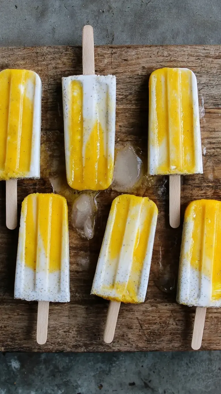 Layered yellow mango and white coconut chia popsicles on a wooden board
