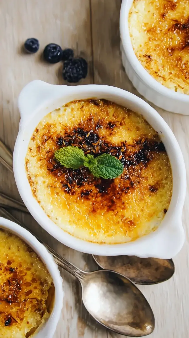A close up of a dairy-free crème brûlée with a cracked amber sugar crust and a silver spoon.
