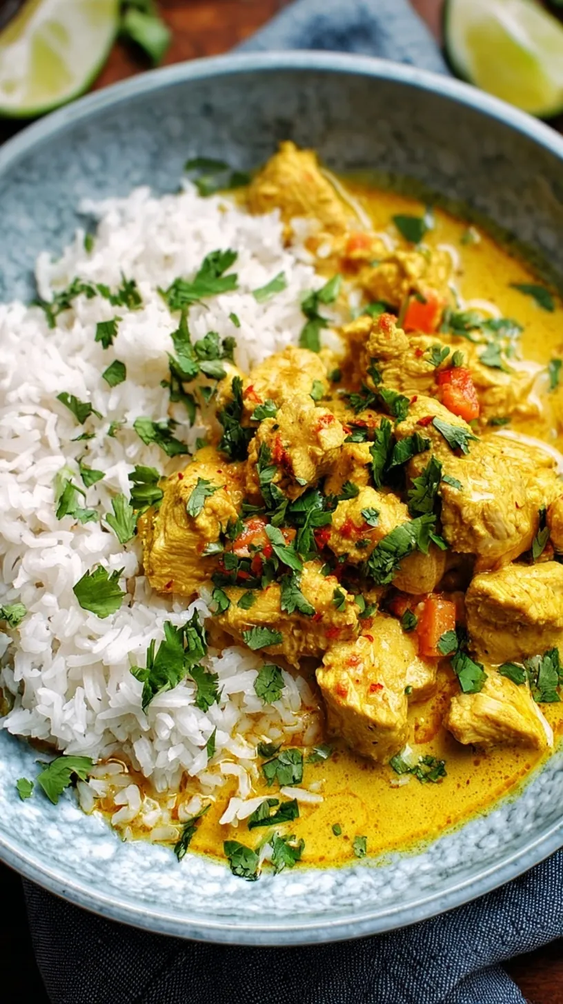 Coconut Curry Chicken in a skillet with creamy sauce and fresh cilantro garnish