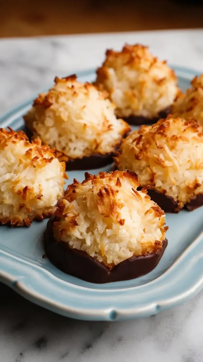 A tray of golden brown coconut macaroons on parchment paper