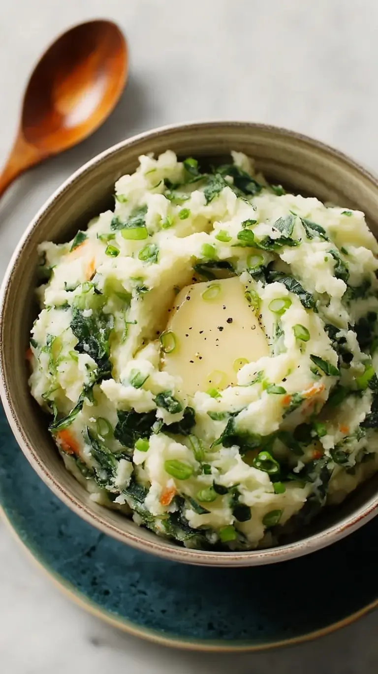 A bowl of creamy mashed potatoes with green kale and a pool of melted butter in the center.