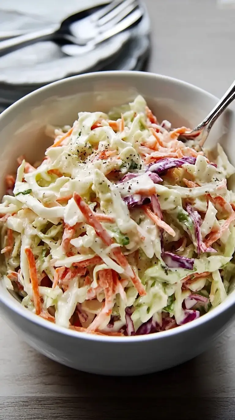 A vibrant bowl of creamy homemade coleslaw with shredded cabbage and carrots, ready to be served.