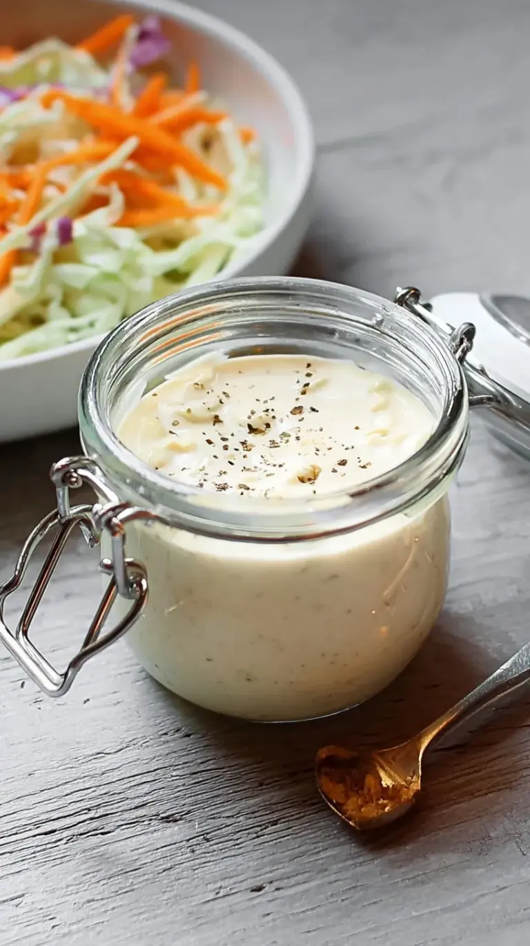 A close-up of a bowl of creamy homemade coleslaw dressing with fresh shredded cabbage and carrots.