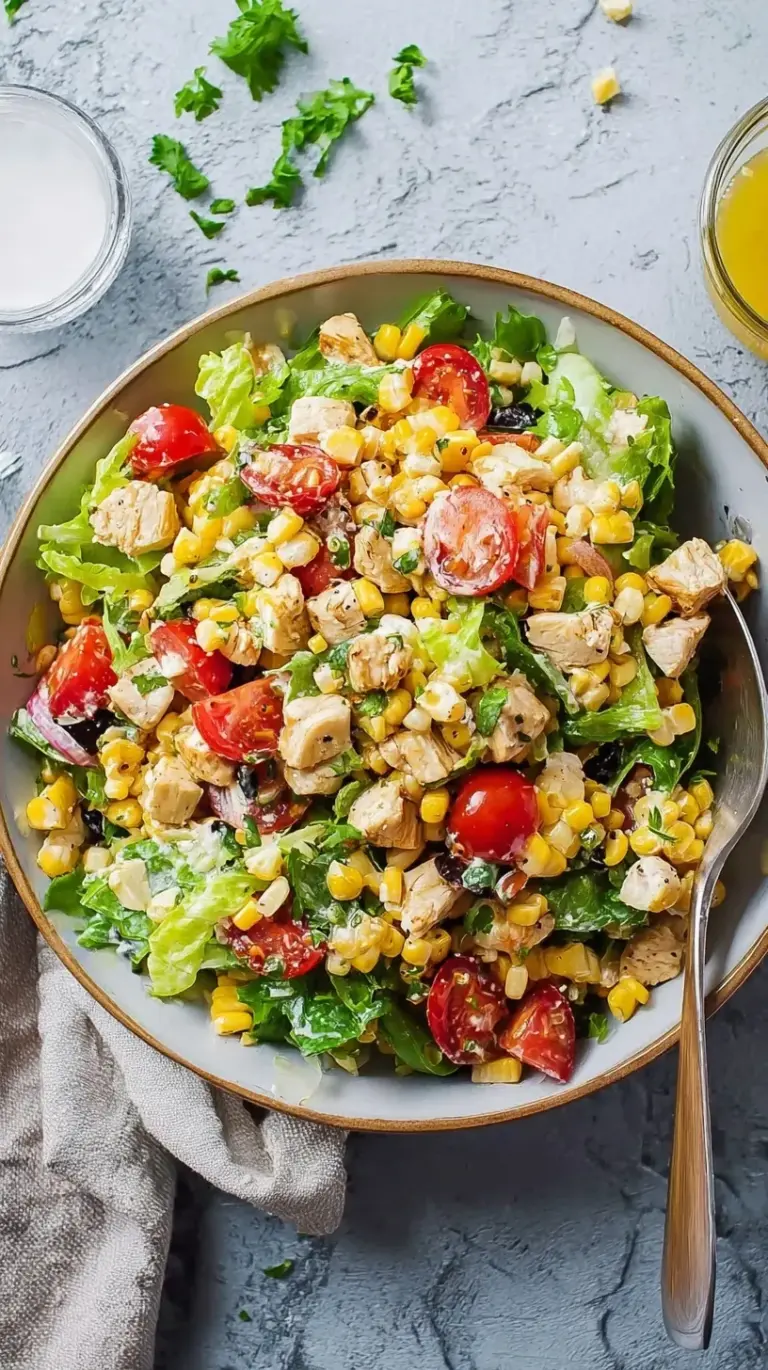A bowl of creamy corn chicken salad with fresh dill and red onion on a bright table