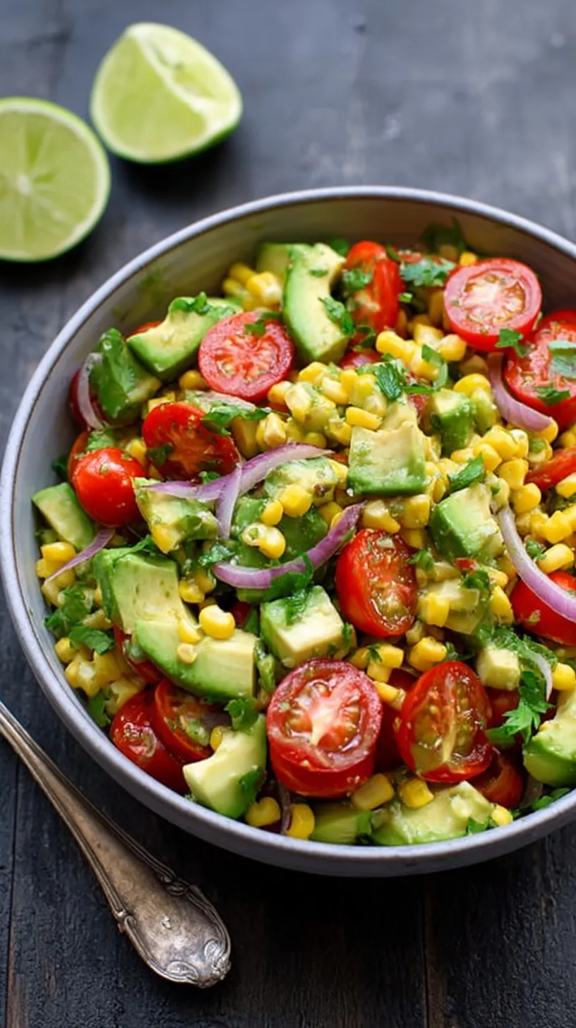 A vibrant bowl of corn, cherry tomatoes, and diced avocado with lime dressing
