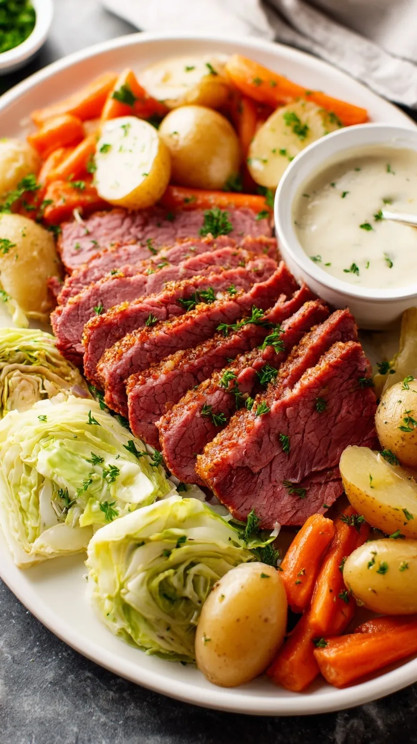 A platter of sliced corned beef with tender cabbage wedges, potatoes, and carrots