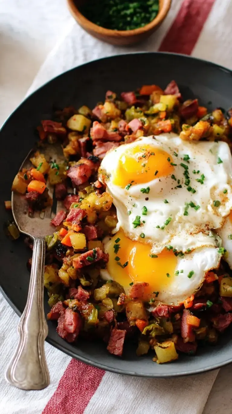 A close up of golden brown crispy corned beef hash in a cast iron skillet topped with fresh parsley.
