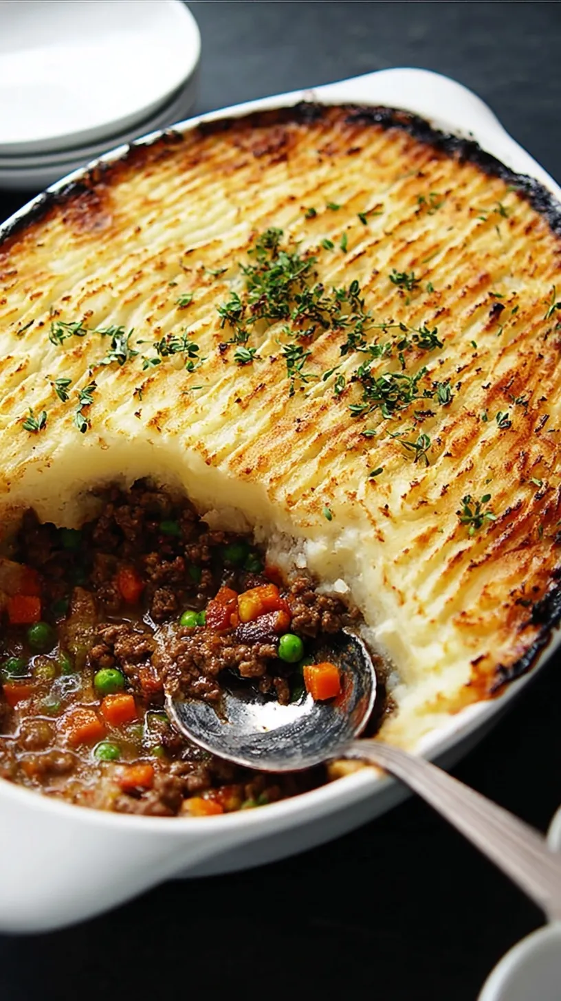 A golden-brown Cottage Pie with a fluffy mashed potato topping, baked in a casserole dish, ready to be served.
