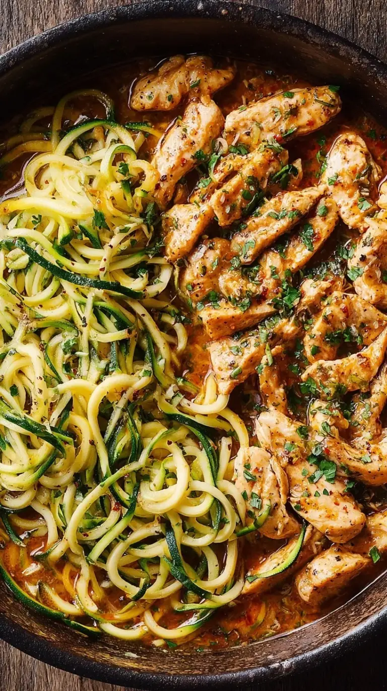 Skillet of golden chicken cubes and green zucchini noodles in a garlic herb butter sauce