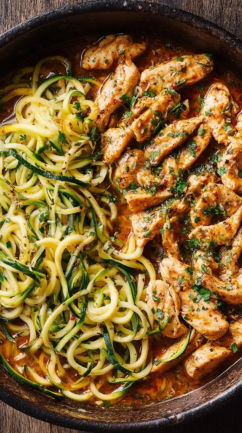 Skillet of golden chicken cubes and green zucchini noodles in a garlic herb butter sauce