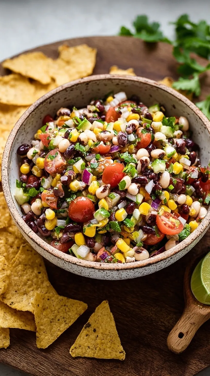 A colorful bowl of fresh Cowboy Caviar with tortilla chips on the side, ready to be served at a summer gathering.