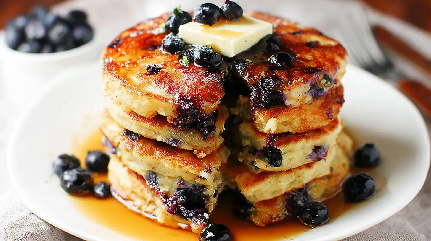 Overhead photo of fluffy blueberry pancakes with maple syrup