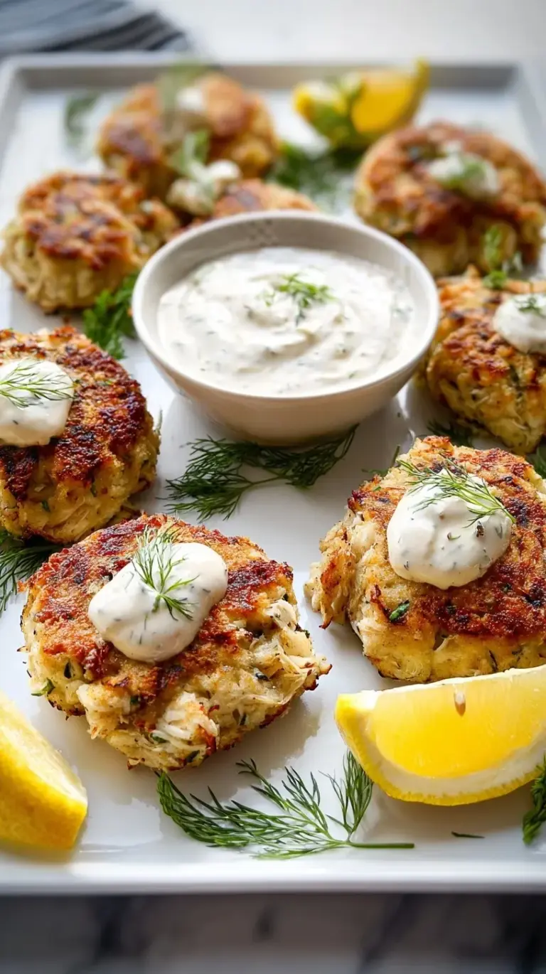 Two perfectly golden-brown homemade crab cakes on a white plate with lemon wedges and fresh parsley.
