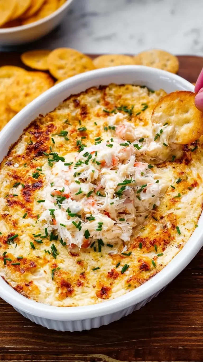 A golden-brown, bubbly hot crab dip in a ceramic dish, garnished with fresh parsley, ready to be served with crackers.