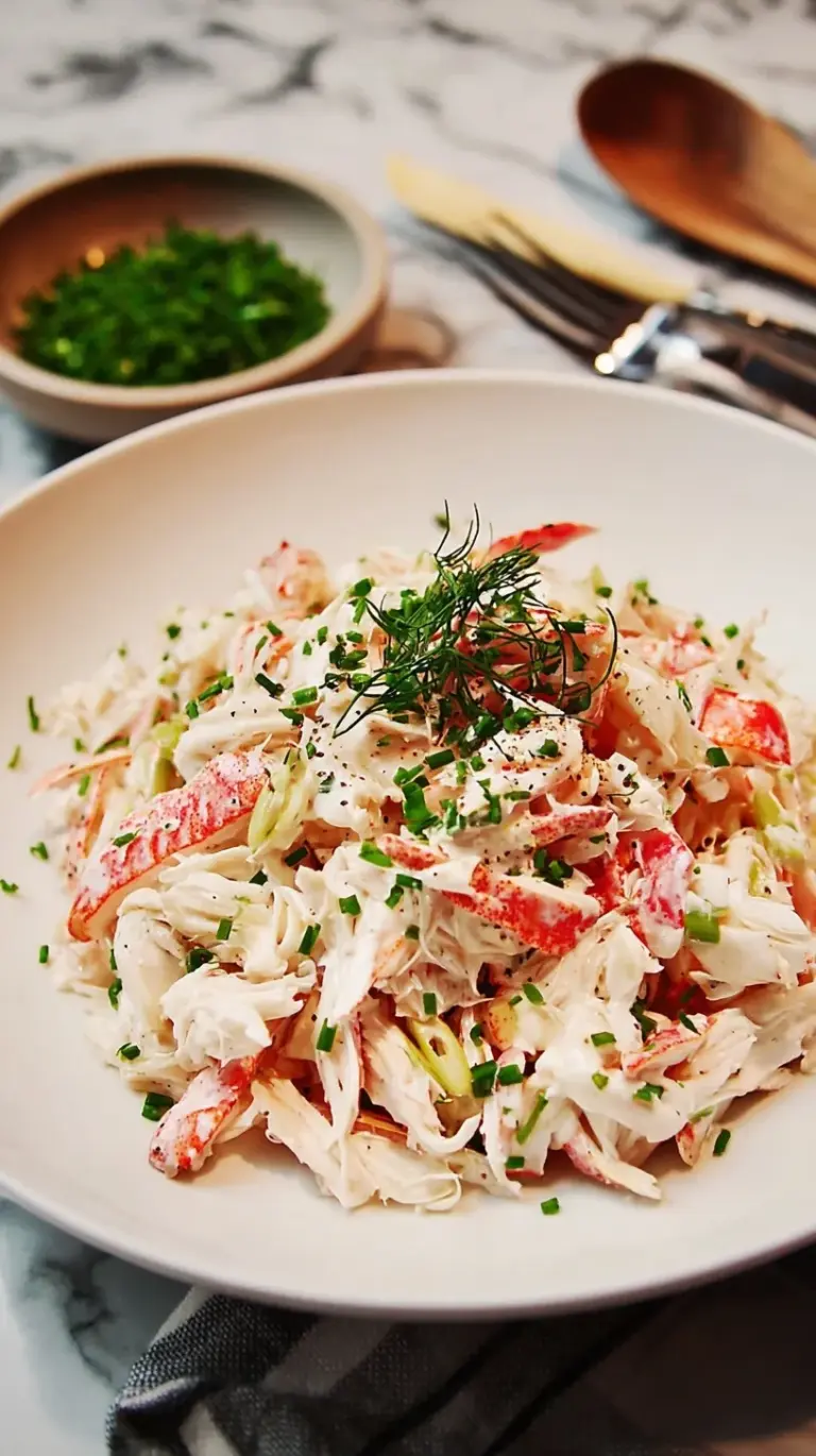 A close-up of a creamy crab salad served in a bowl with fresh dill and lemon wedges, ready to be enjoyed.