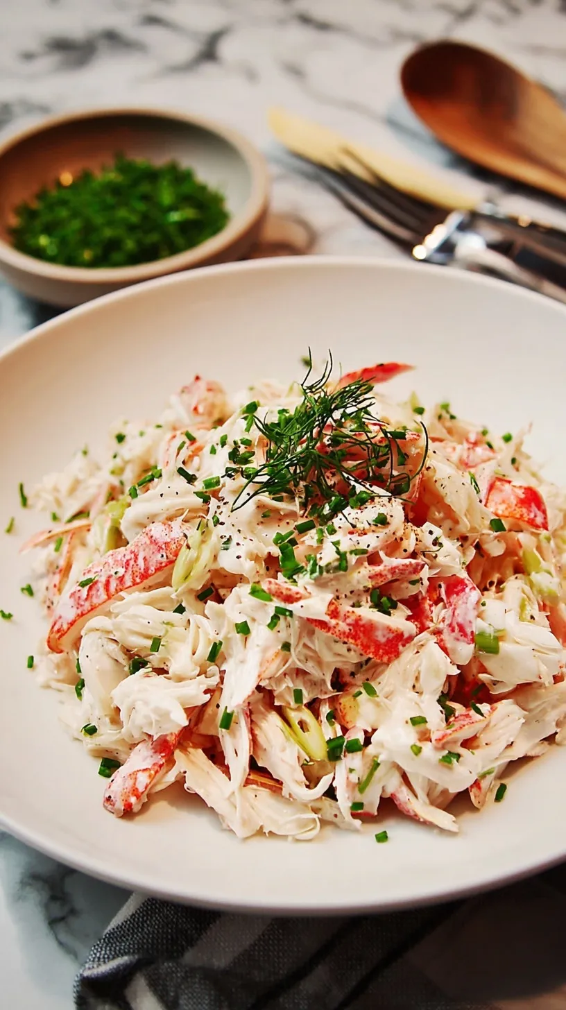 A close-up of a creamy crab salad served in a bowl with fresh dill and lemon wedges, ready to be enjoyed.