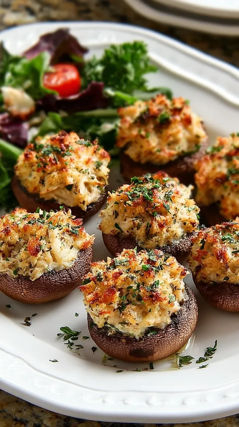 Golden baked crab stuffed mushrooms arranged on a white platter with fresh herbs garnish