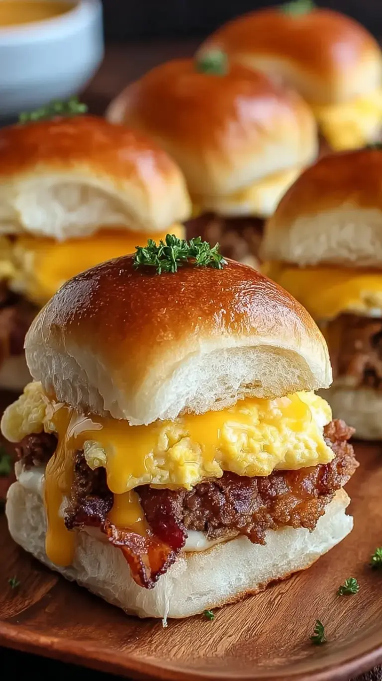 A tray of golden brown breakfast sliders with melted cheese and crispy bacon on Hawaiian rolls.