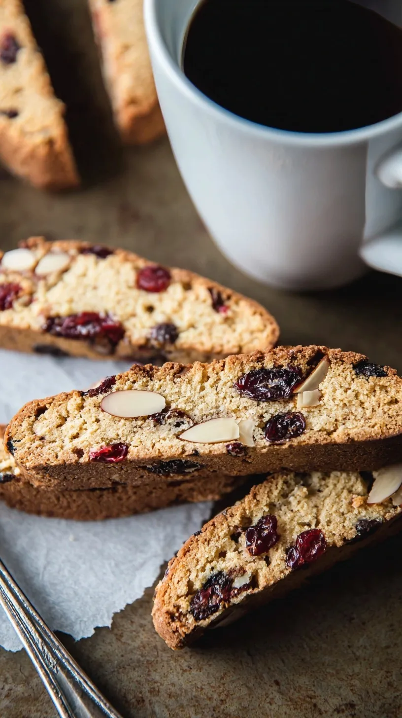 Golden brown Paleo Cranberry Almond Biscotti with dried cranberries and sliced almonds on a baking sheet.