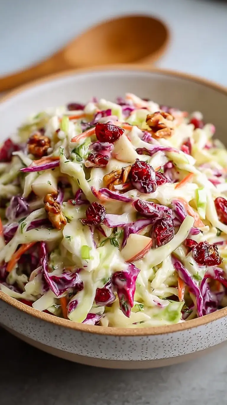A colorful bowl of cranberry apple coleslaw with green cabbage and red apples