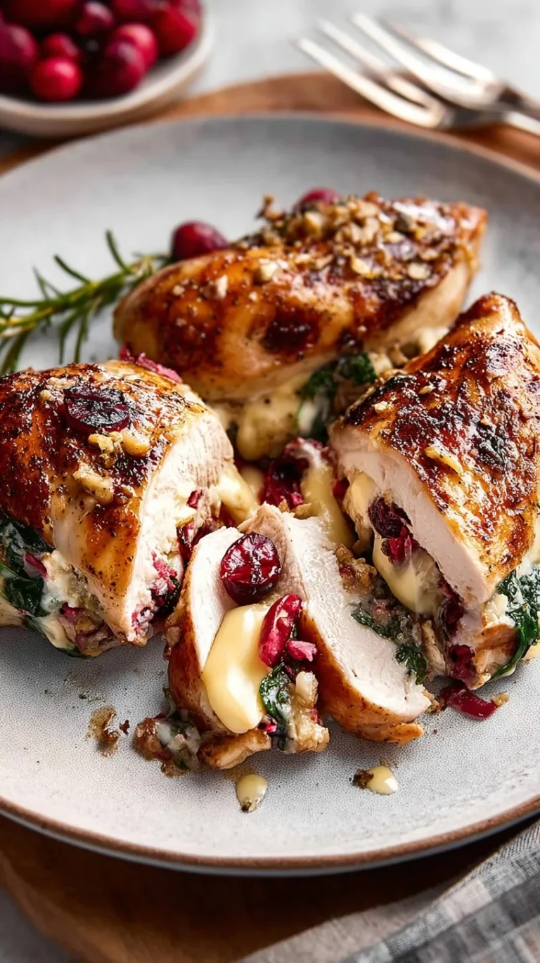 Cranberry Brie Stuffed Chicken Breasts sliced on a white plate showing melted cheese and cranberry filling