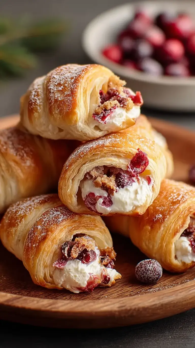 Golden brown crescent dough cups filled with cream cheese and red cranberry sauce topped with pecans