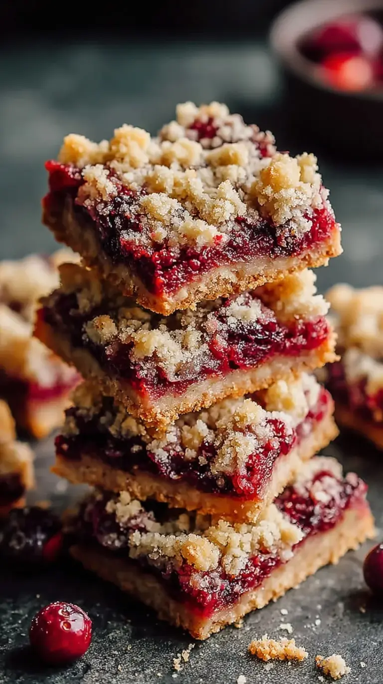 A tray of sliced cranberry crumble bars with a bright red filling and golden oat topping.