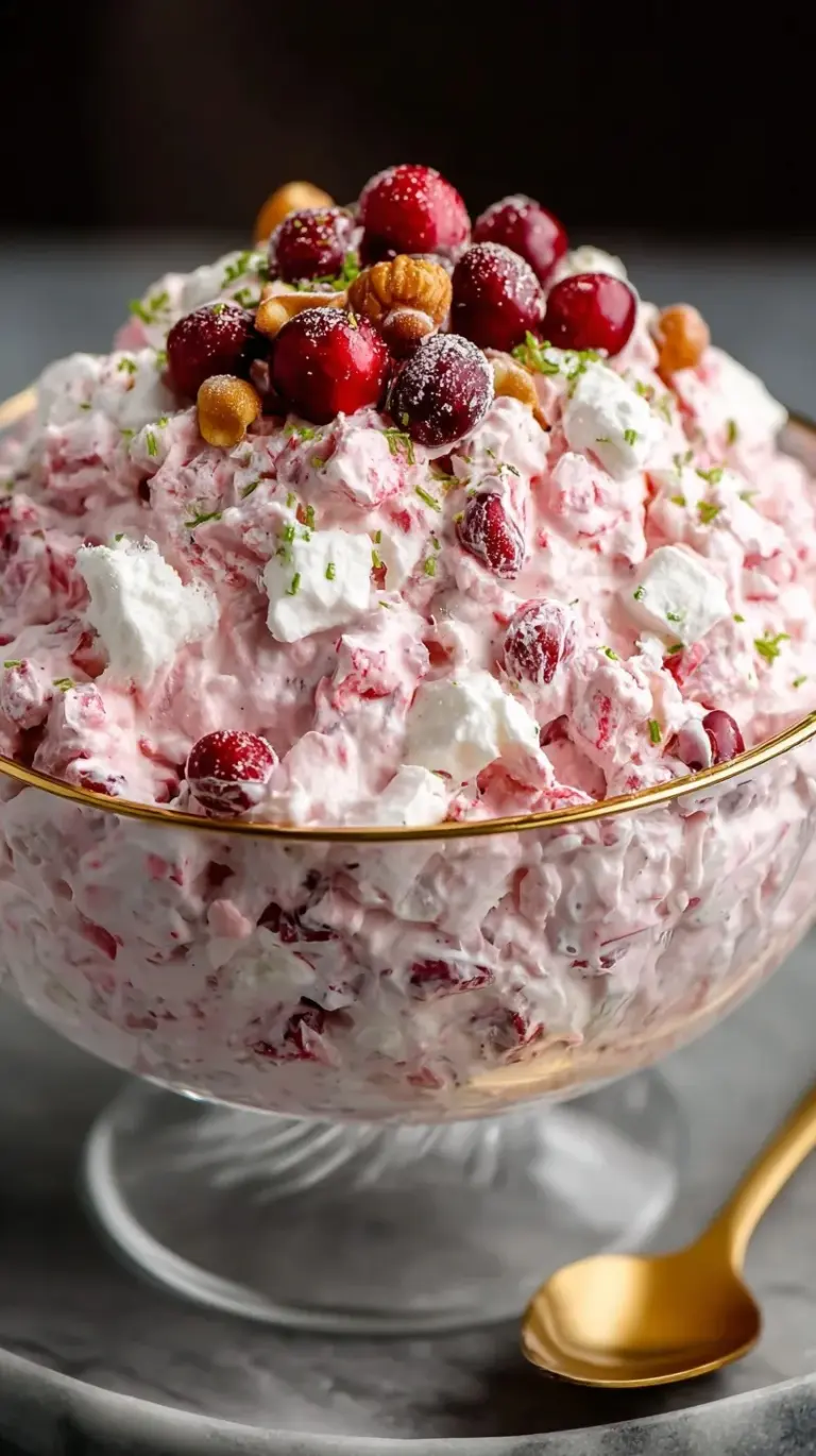 A beautiful glass bowl filled with pink cranberry fluff salad topped with chopped pecans and fresh cranberries on a holiday table.