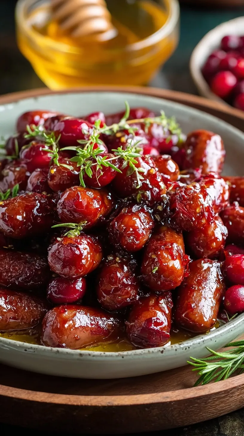 A bowl of glazed cranberry little smokies with toothpicks on a festive table